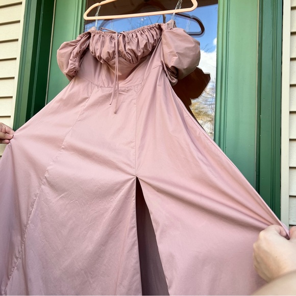 House of CB Tallulah Blush Pink Puff Sleeve Midi Dress Milkmaid Off Shoulder - Picture 2 of 13